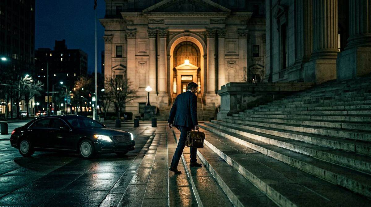 Courthouse steps at night with a figure carrying a briefcase