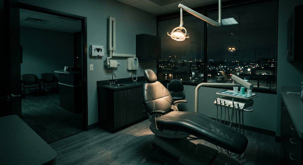 An empty dental treatment room at night with one light on above the chair