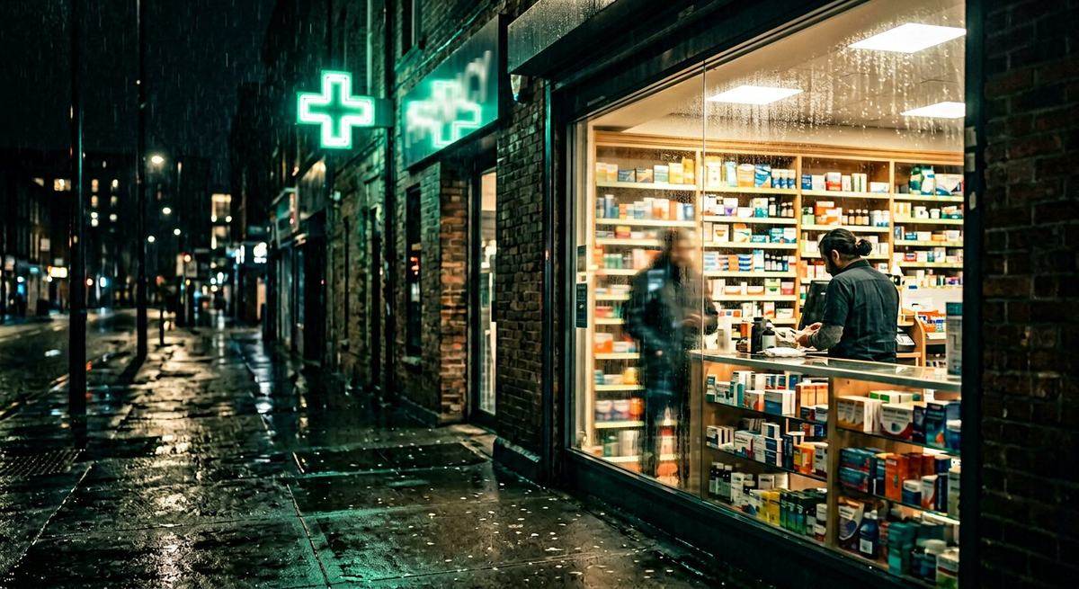 A late-night pharmacy seen through the glass from a wet street