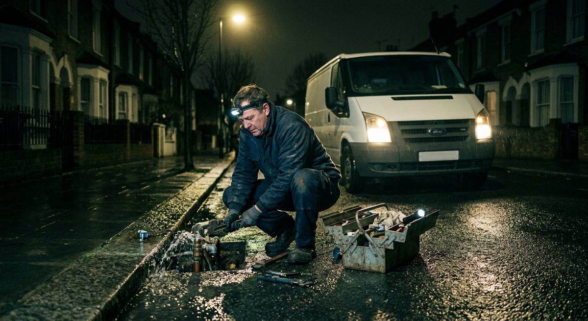 A plumber crouched at a leaking pipe under a streetlight at night, work van behind