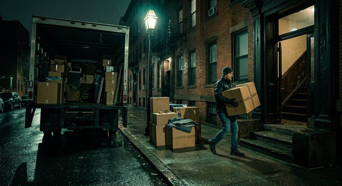 A moving truck at night with boxes on the pavement under a streetlight