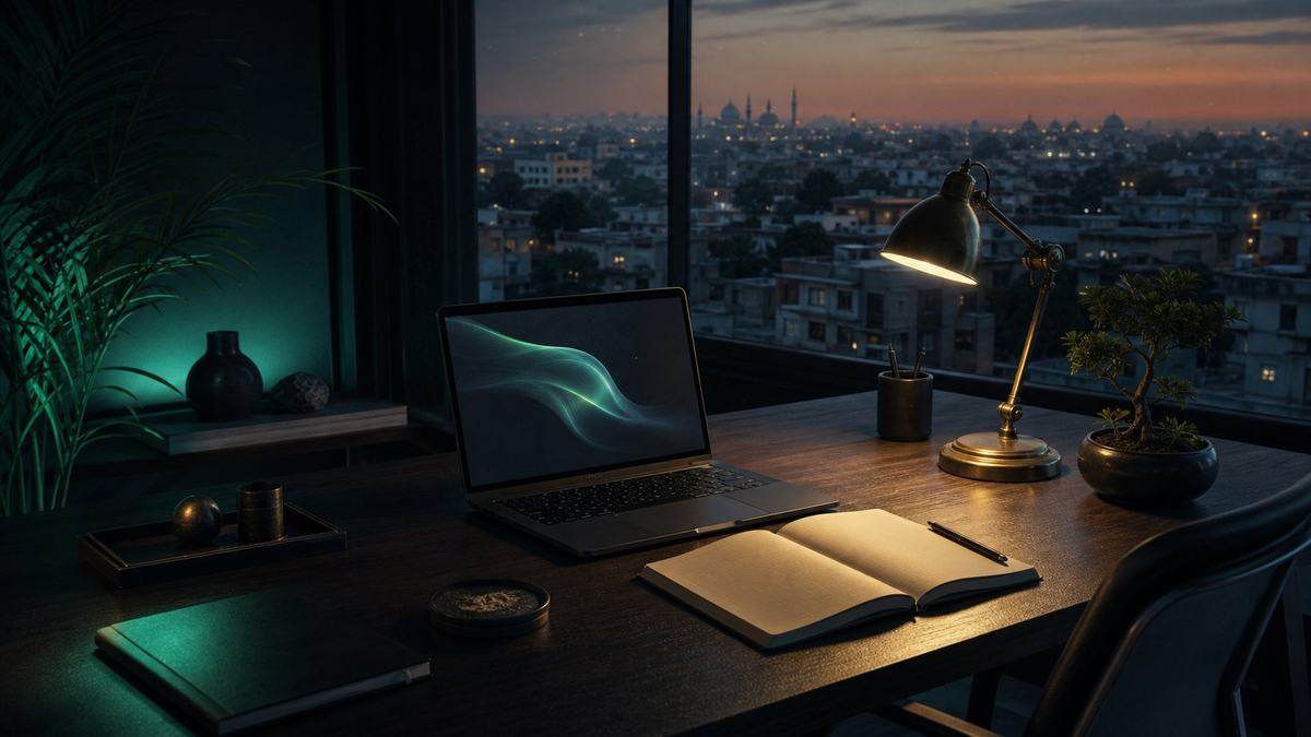 A founder’s desk at dusk: laptop, notebook and a brass lamp, a low-rise Indian city beyond the window