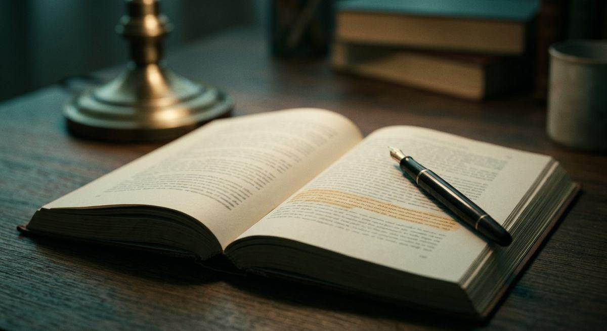 An open book on a desk with one passage catching the lamplight, a fountain pen resting on the page