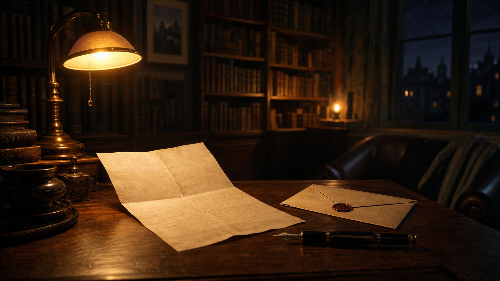 A warm library corner with an open handwritten letter, an envelope and a fountain pen on a wooden desk