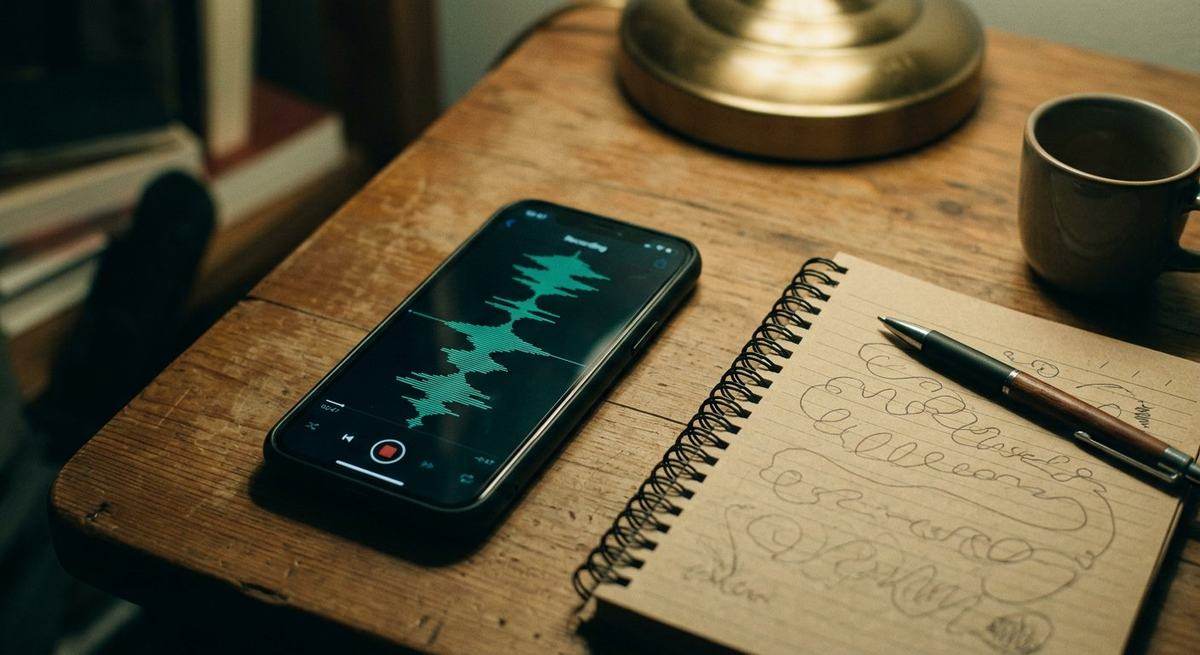 A phone on a desk showing a long voice-memo waveform beside a notebook