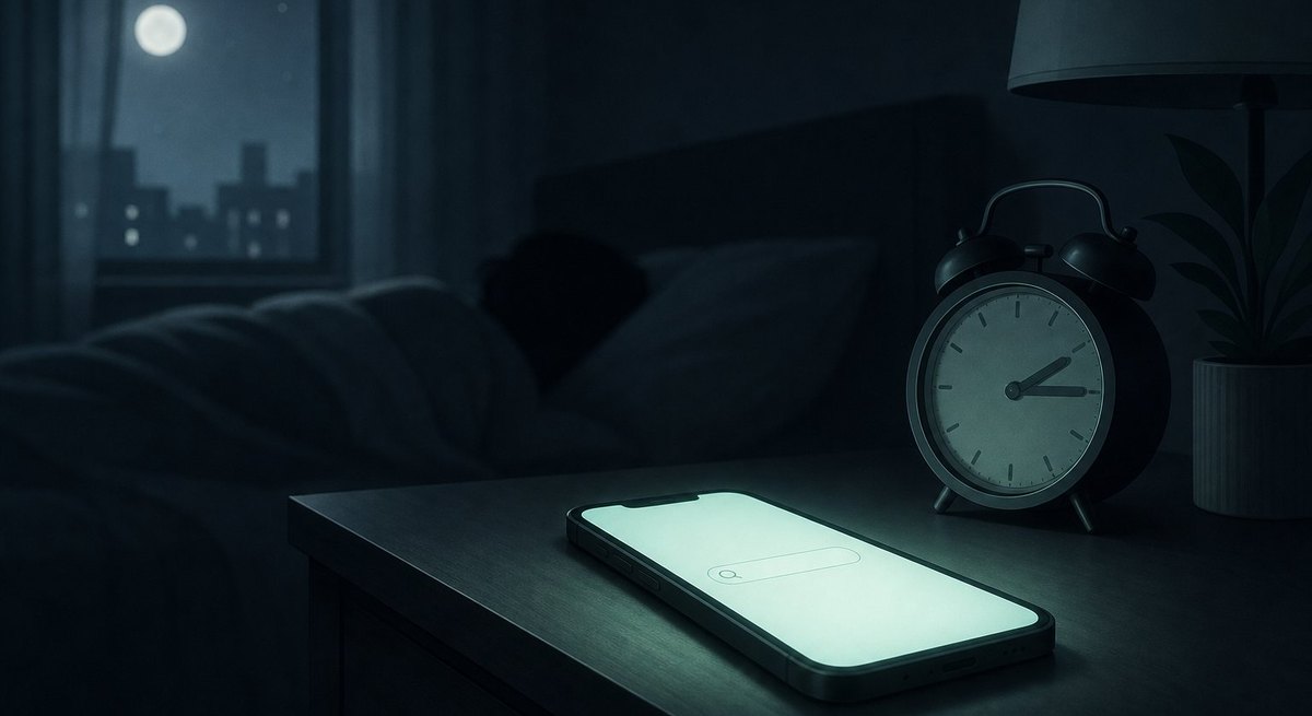 A phone glowing on a bedside table at 3am showing a search bar, dark room