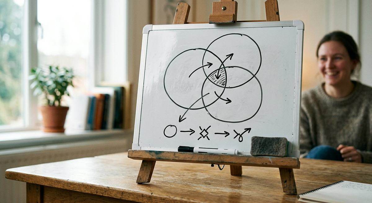 A whiteboard with a hand-drawn three-circle diagram, a person smiling beside it