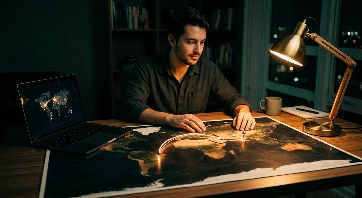 A man tracing a route across a printed world map under a desk lamp