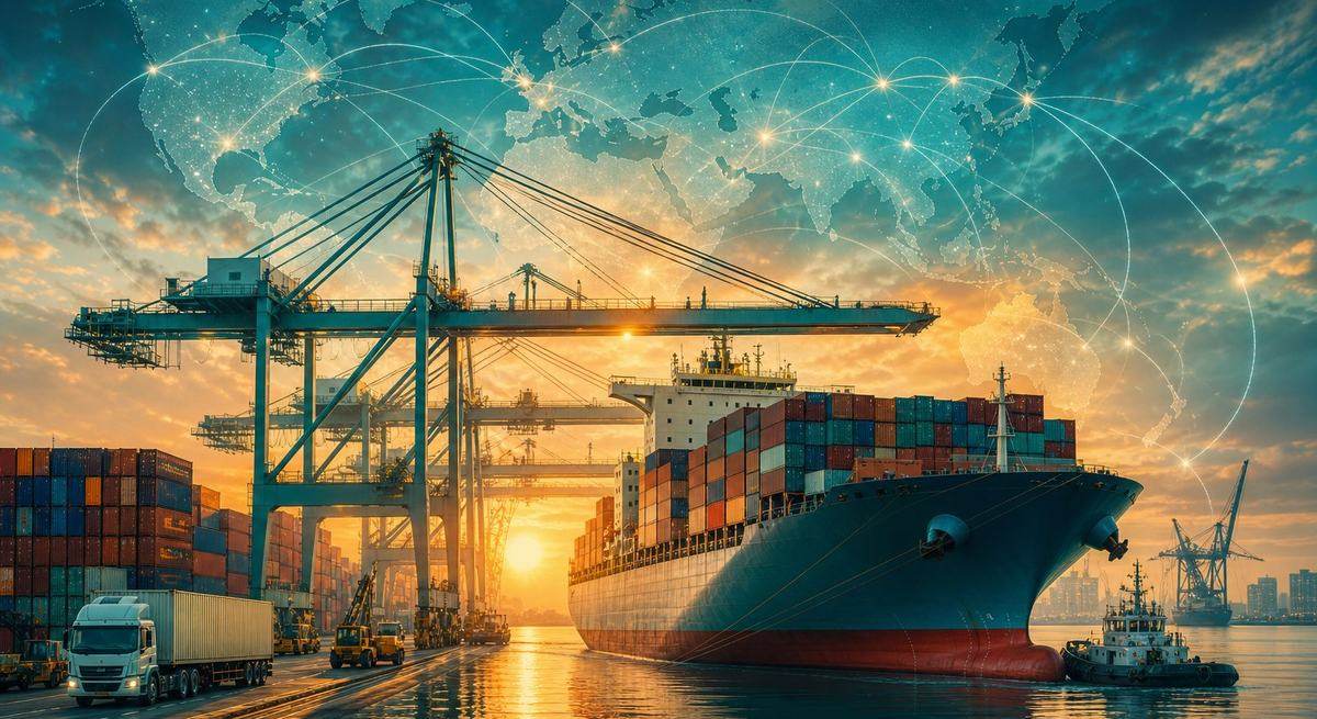 A busy container port at sunrise with a cargo ship and gantry cranes