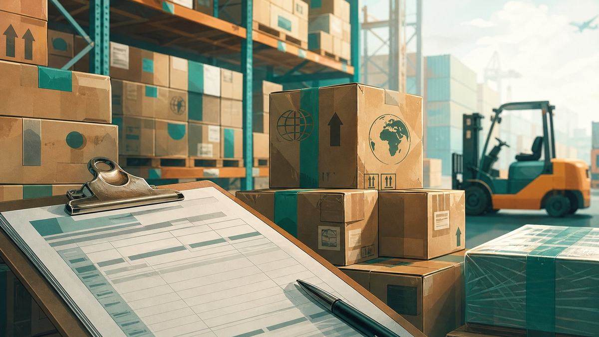 Warehouse shelves stacked with export parcels and a customs manifest