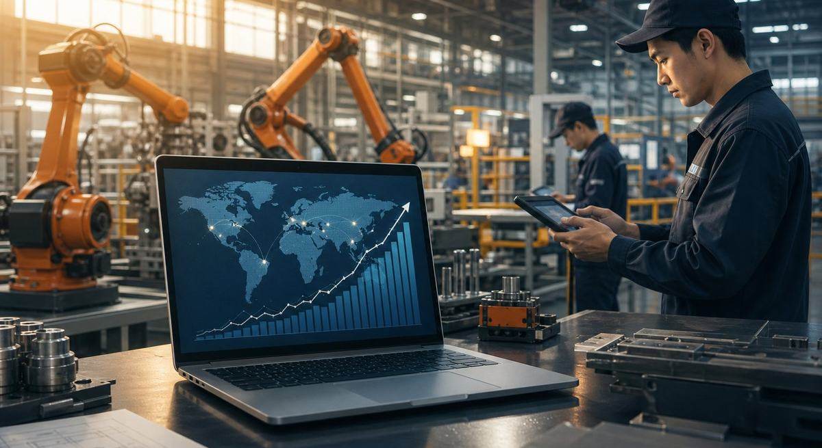A factory workbench with a laptop showing a world map and a rising chart
