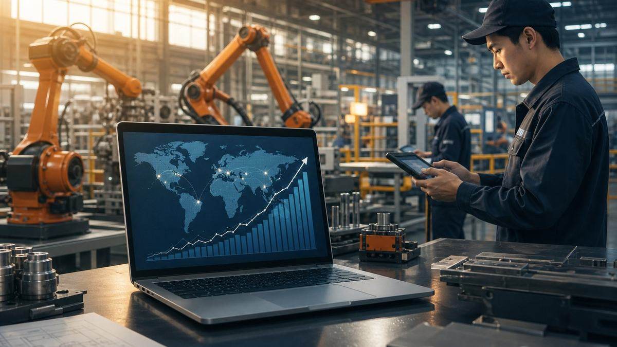 A factory workbench with a laptop showing global markets and a growth chart