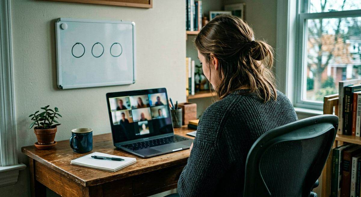 A woman on a video call at a home desk, a simple diagram on the wall