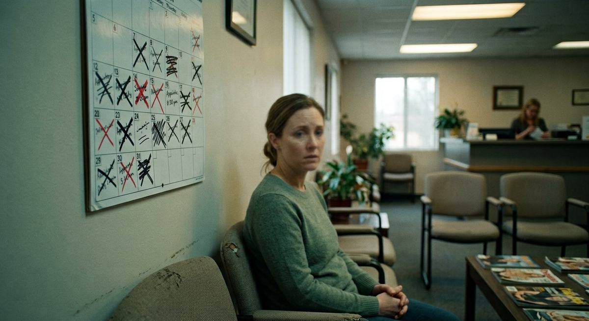 A woman in a clinic waiting room, a wall calendar with crossed-out slots behind her