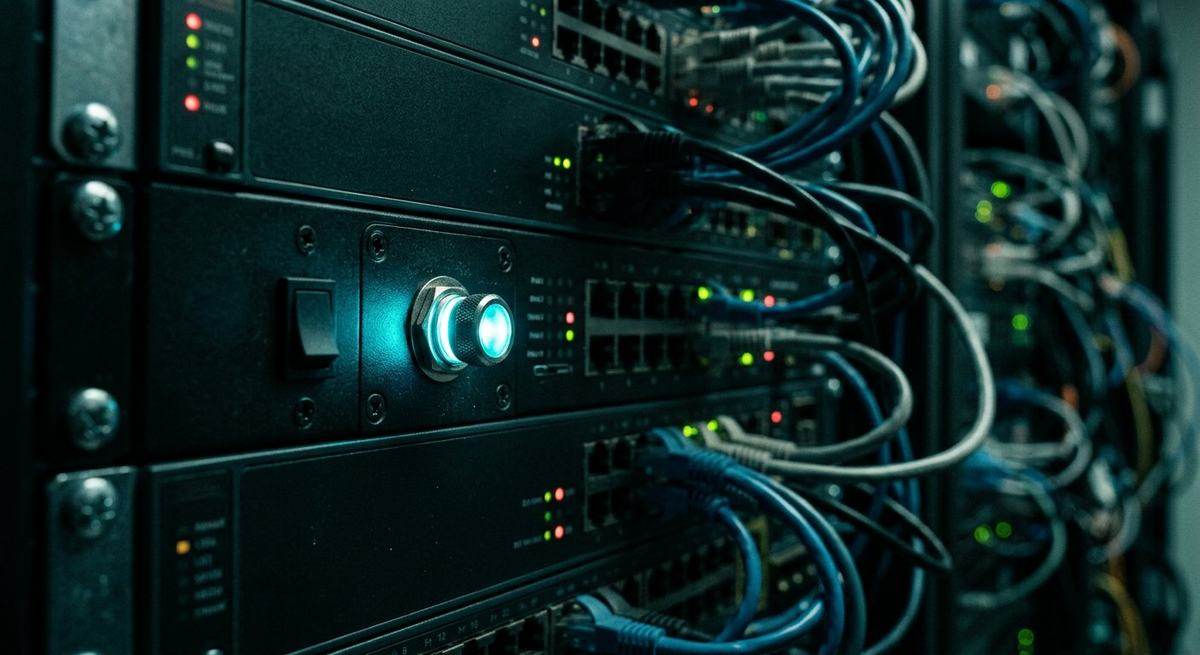 A server rack with a single glowing toggle switch