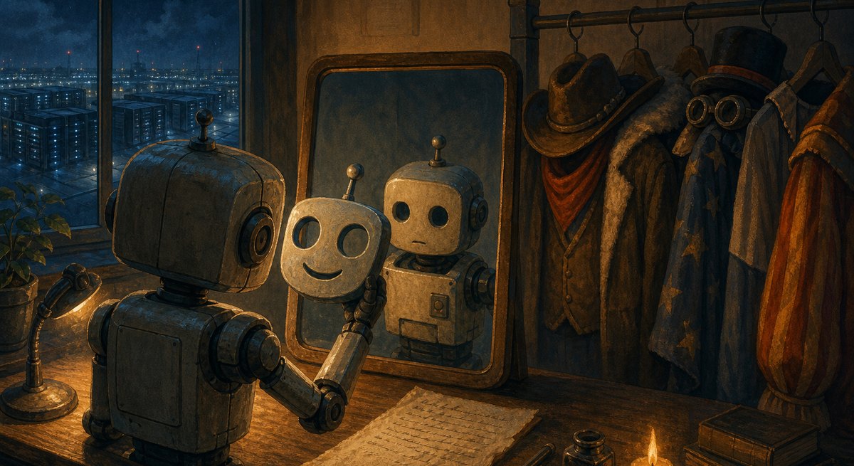 A small desk robot holding a Googlebot-labeled mask in front of a mirror, with an inked confession letter beside it