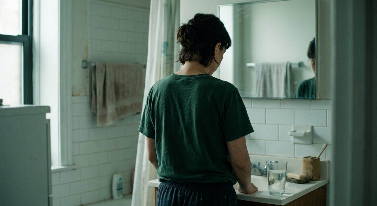 A person standing at a bathroom mirror in soft morning light