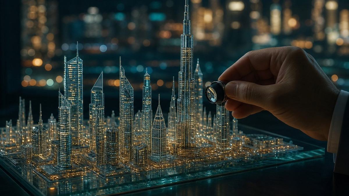 A glass model of a Dubai skyscraper district under a loupe