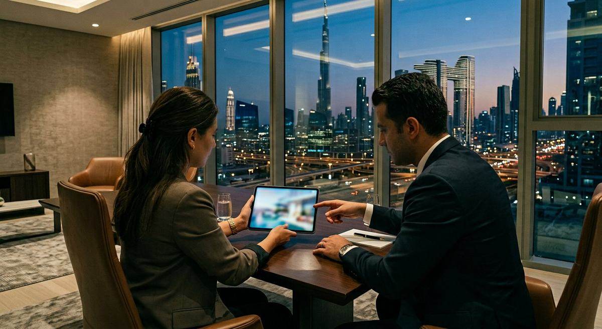 A consultant and client reviewing a tablet in a Dubai office at dusk
