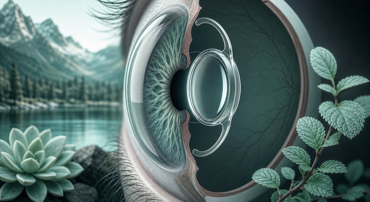 An eye with a bright new intraocular lens, crisp near and far objects in view