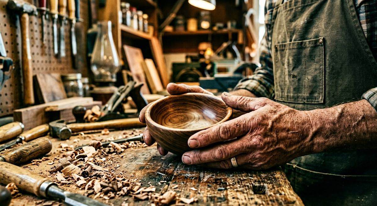 A craftsman’s weathered hands holding a finished wooden bowl