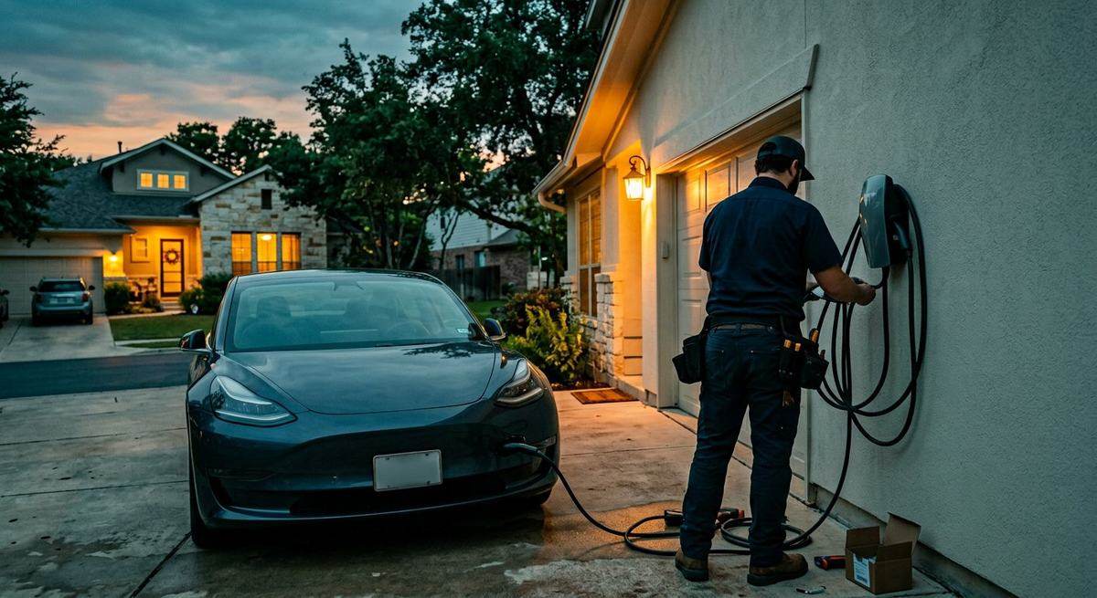 An installer fitting a home EV charger beside a parked car at dusk