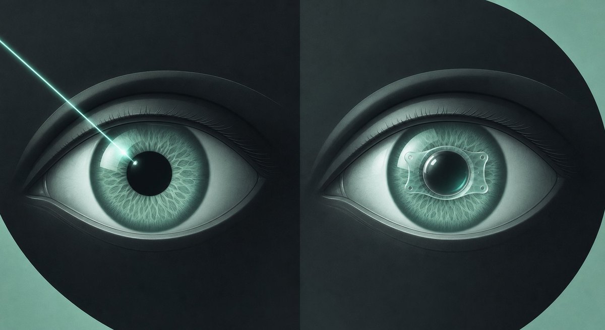 Two eyes side by side, one with a laser beam and one with a tiny lens implant