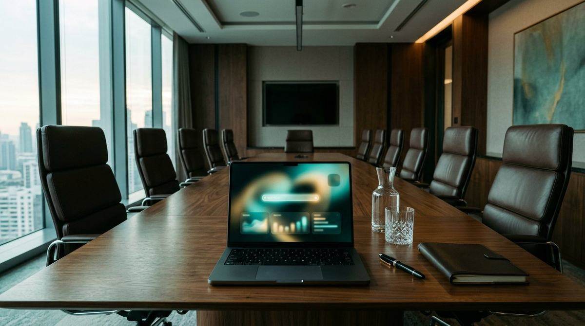 An empty boardroom with a laptop open on the table and the skyline beyond