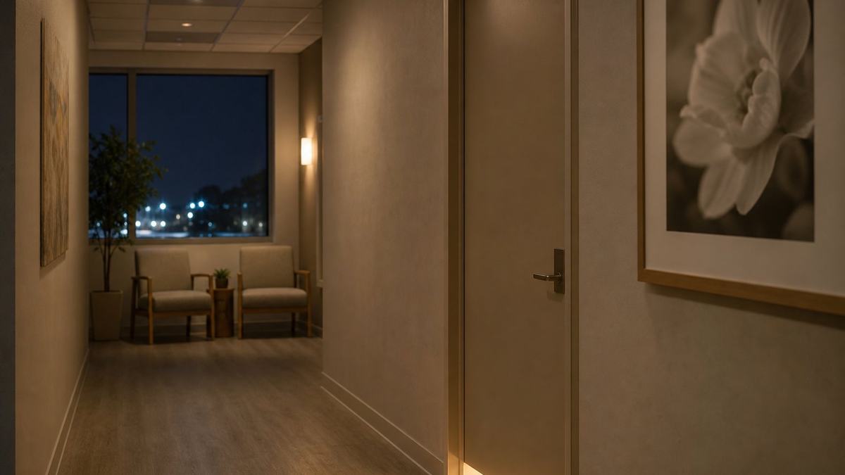 A softly lit fertility clinic corridor at night with a warm light under one door