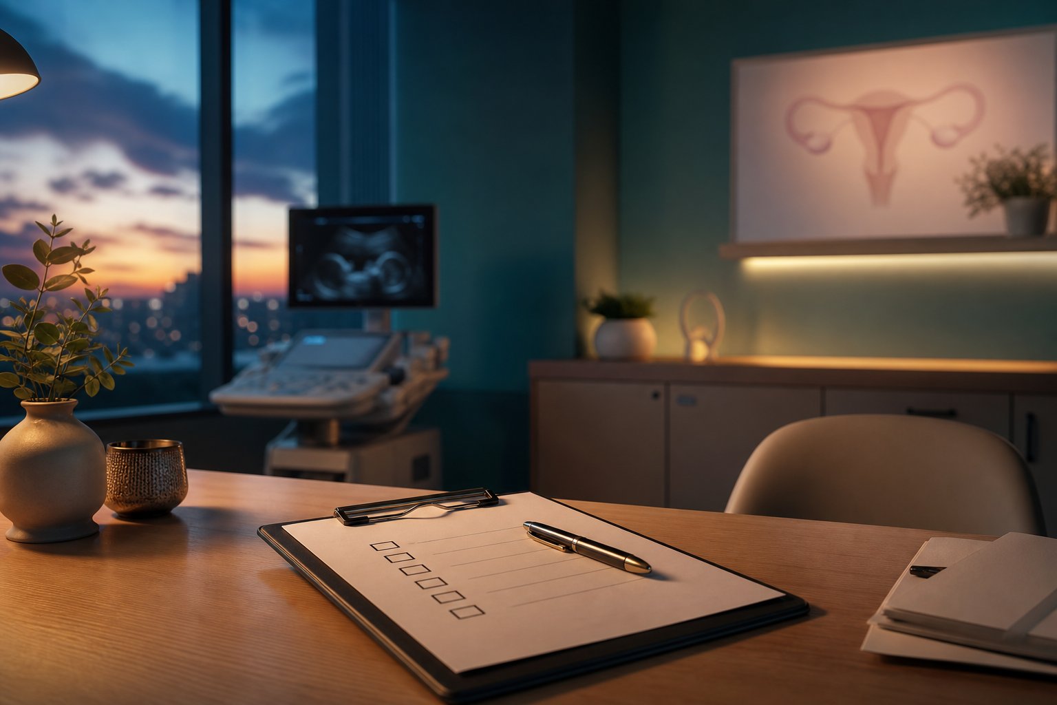 Quiet fertility clinic consultation room at dusk with a clipboard on the desk