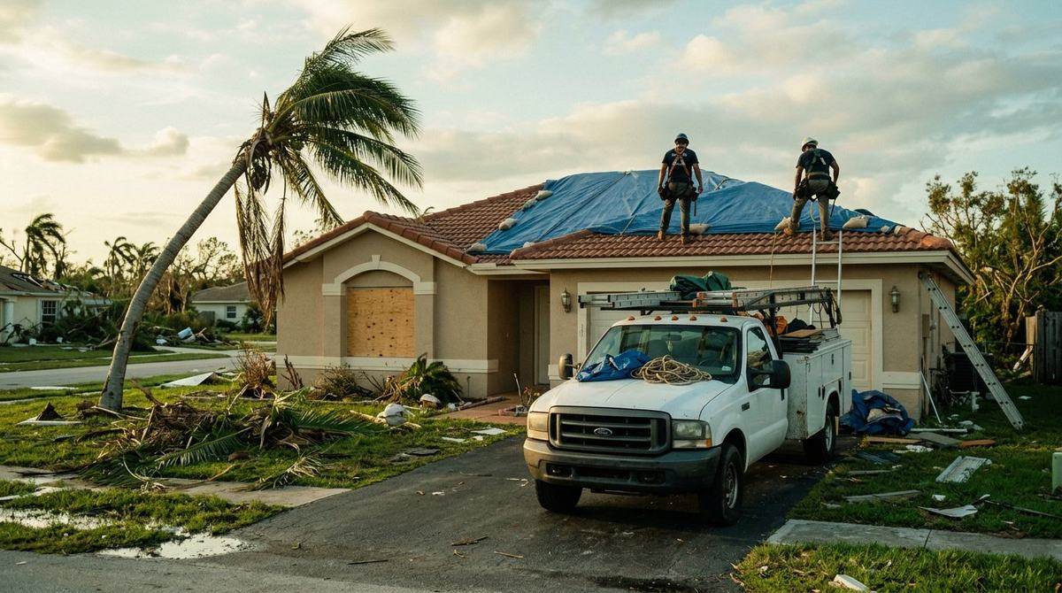 Roofers on a storm-damaged house with a tarp, truck in the driveway