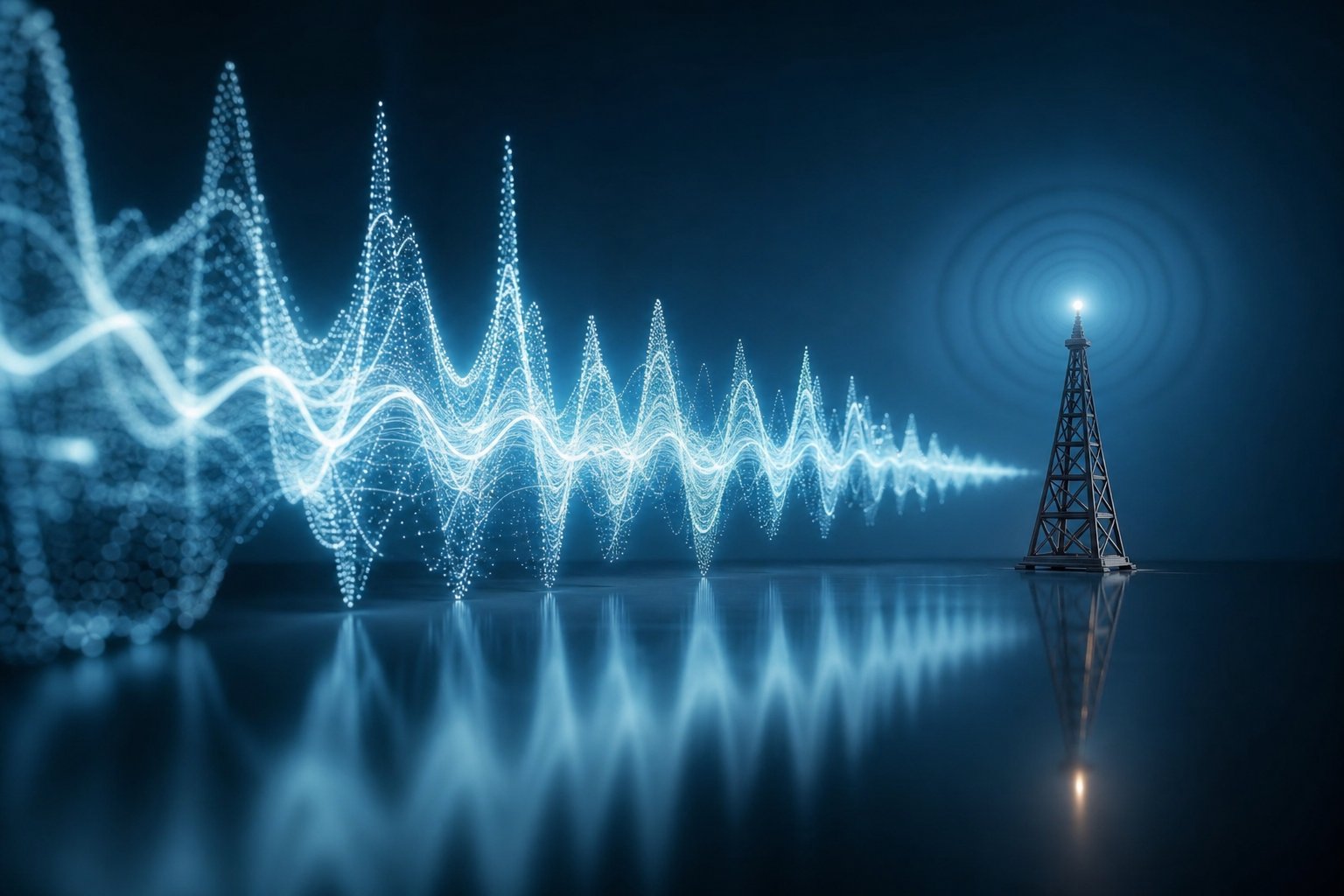 Glowing audio waveform flowing toward a radio tower