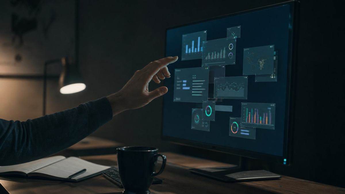 A hand reaching toward a monitor where glowing interface panels snap into a dashboard