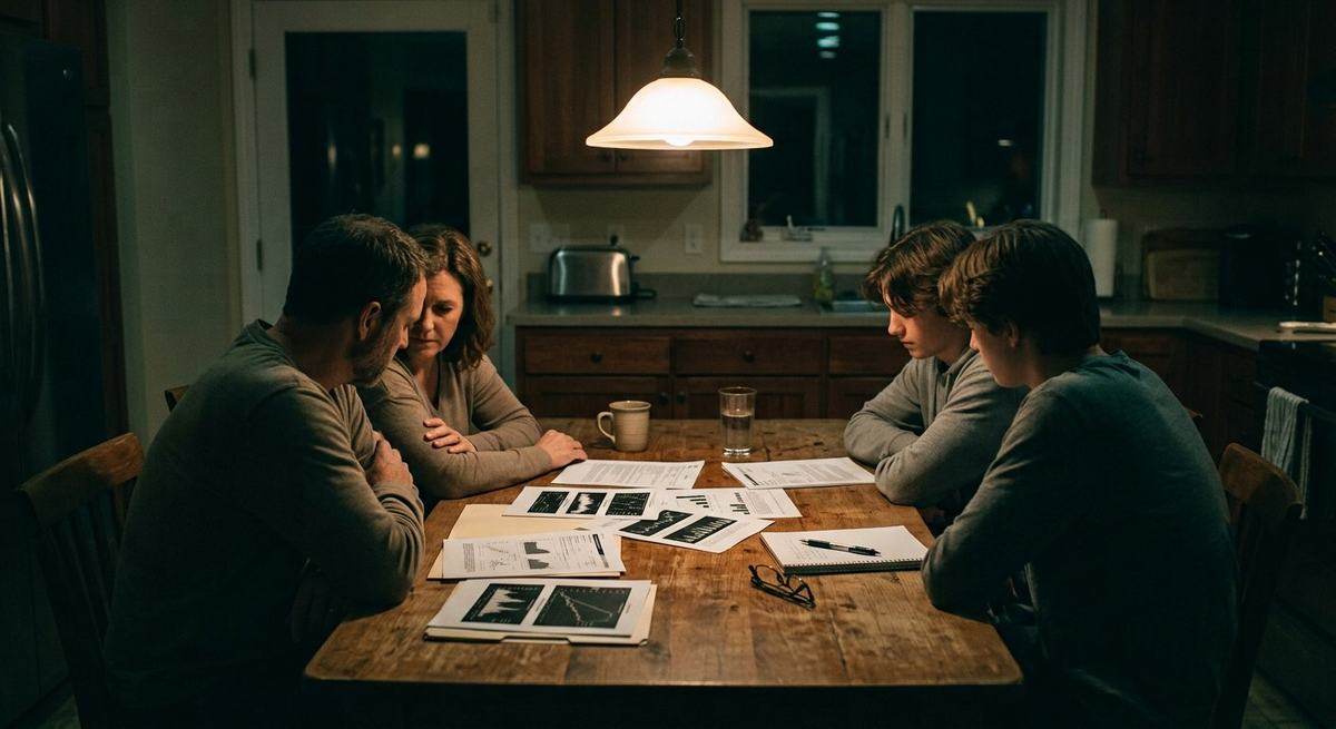 A family at a kitchen table at night with papers spread between them