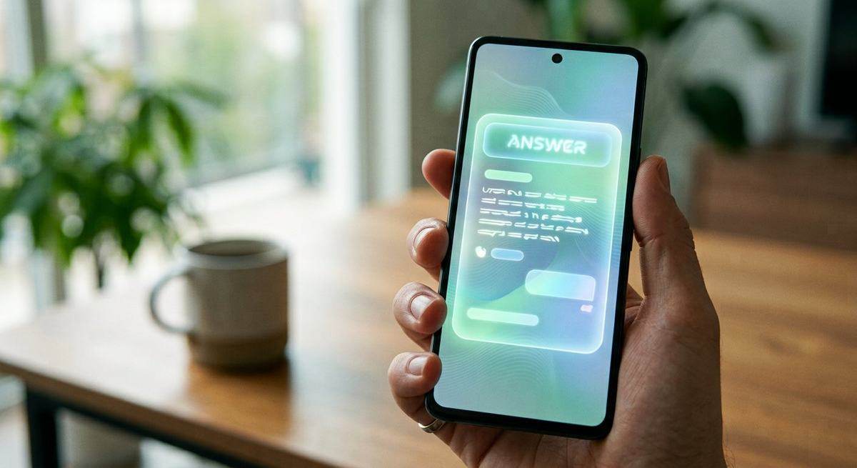 A hand holding a phone showing one large conversational answer panel