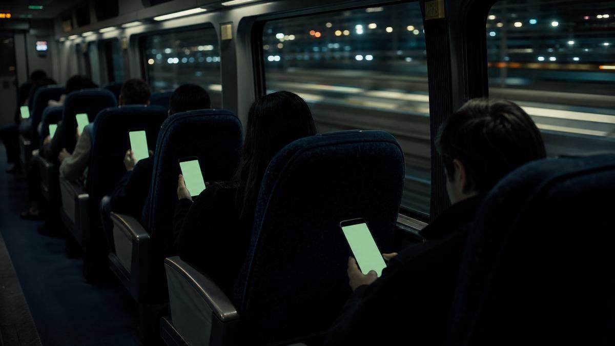 A train carriage at night, every phone glowing the same single answer panel