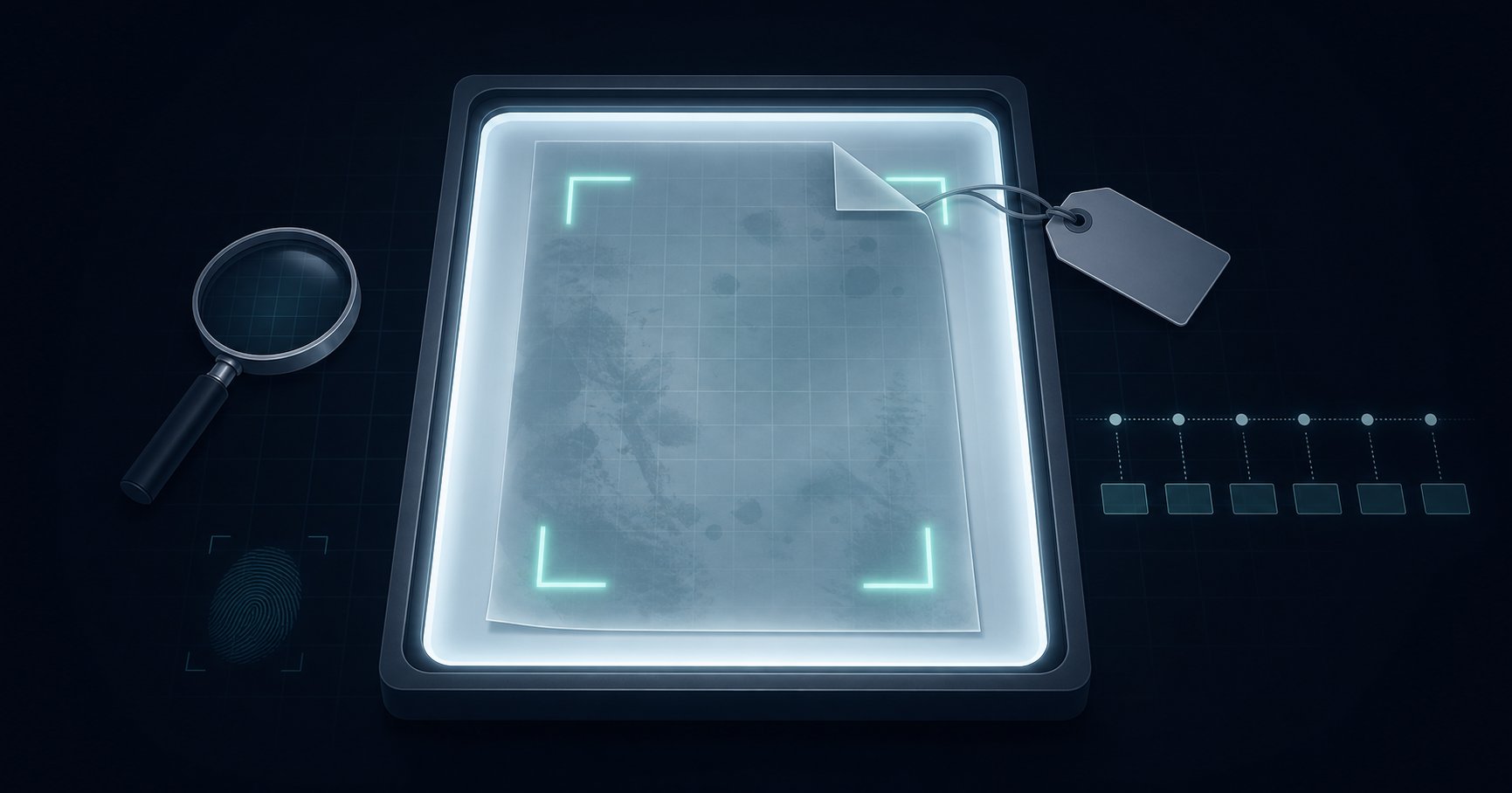 A document on a forensic examination tray under four glowing scanner brackets, a toe-tag tied to the page