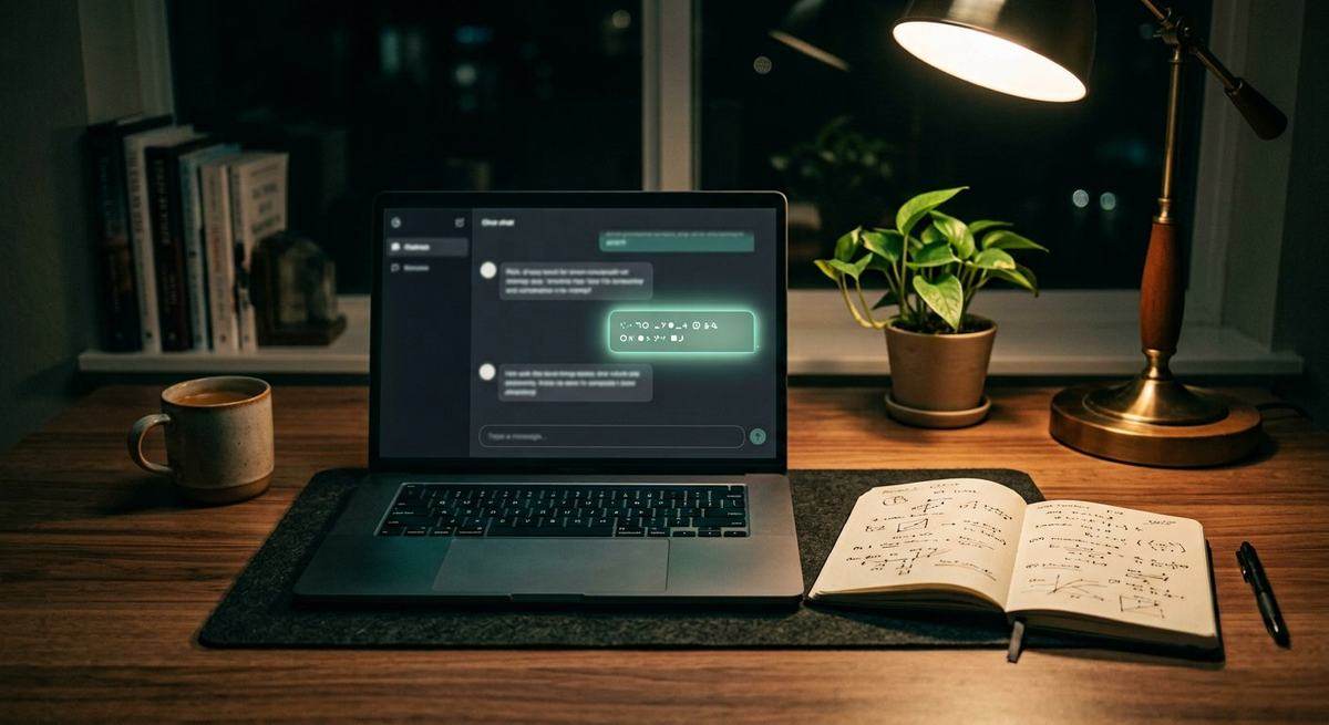 A calm desk at night with a laptop showing one glowing answer bubble