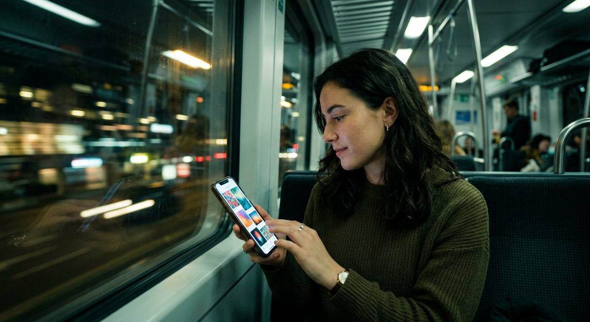 A woman on a train scrolling an image feed on her phone