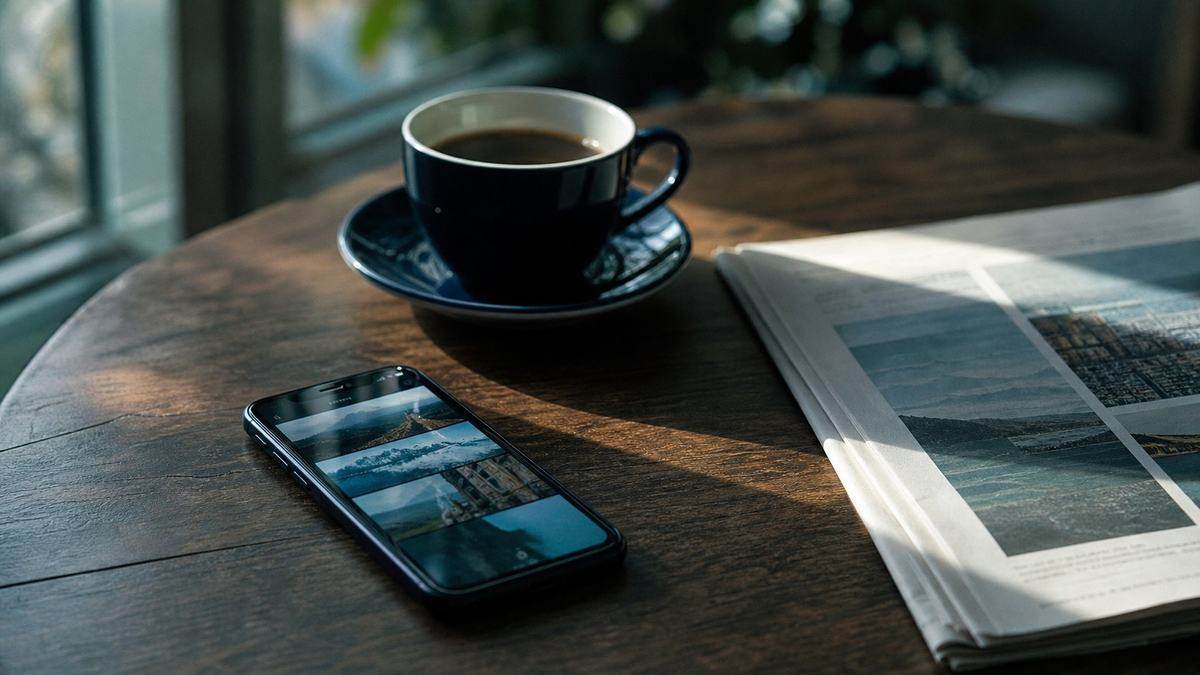 A phone showing a feed of image cards in soft morning light beside coffee and a paper