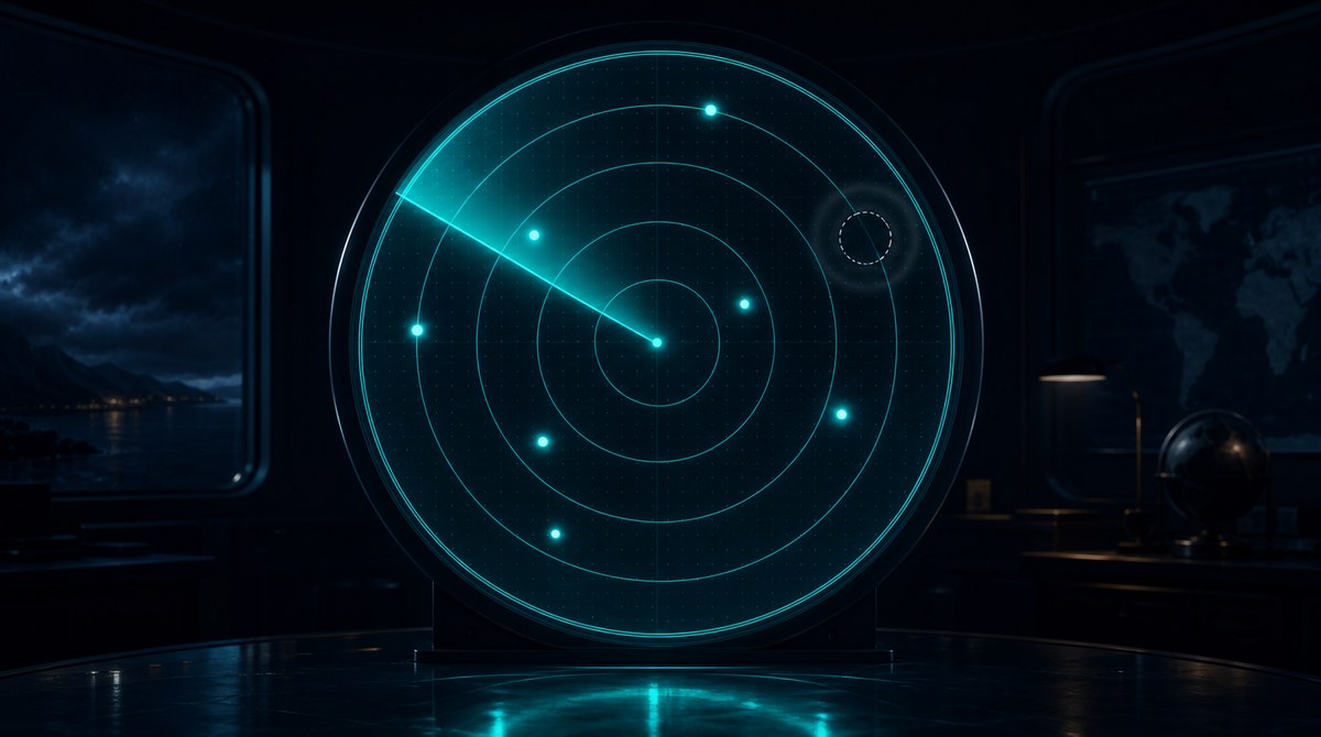 A radar scope with an empty dashed circle where a blip should be