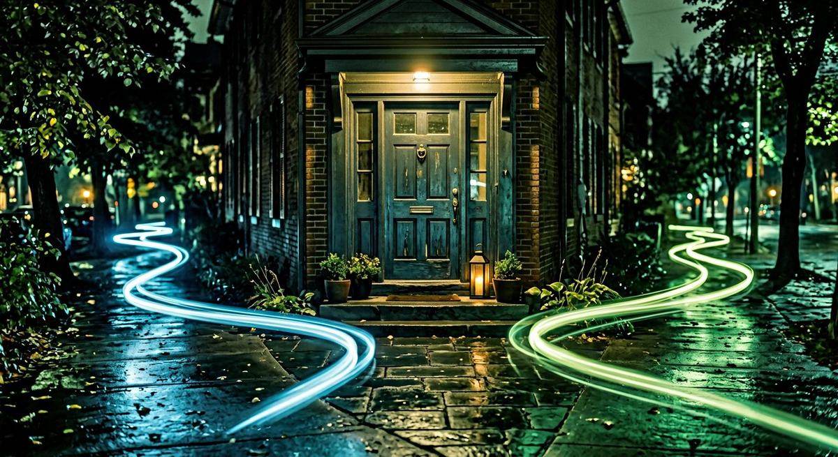 A front door at night with two light trails approaching, one blue and one green