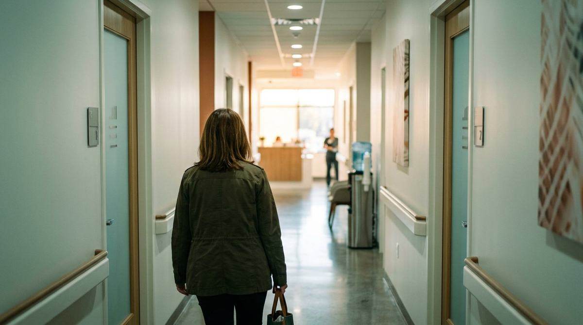 A woman walking down a clinic corridor toward warm light