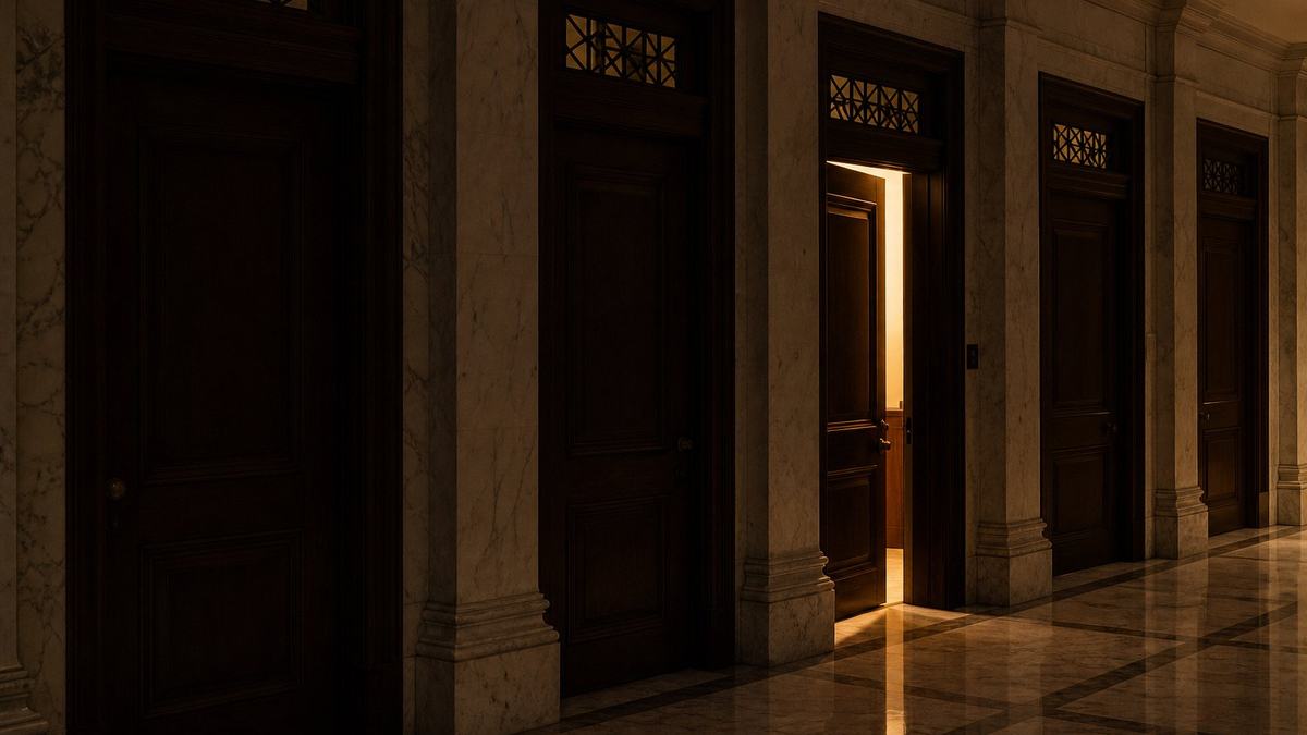 A row of Houston law office doors at night, one lit and slightly open