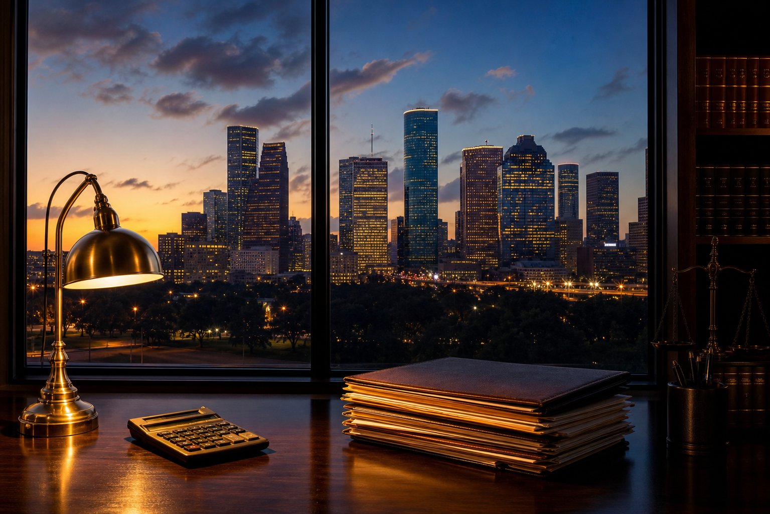 Houston skyline at dusk from a law office window with desk, calculator and folders