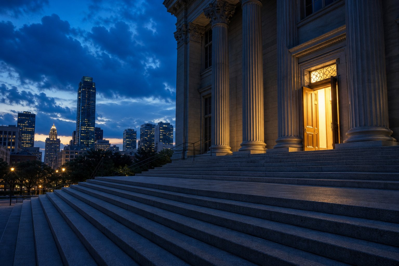 Courthouse steps at blue hour with one warmly glowing open doorway