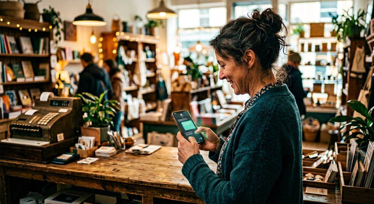 A shop owner at her counter smiling at a phone screen