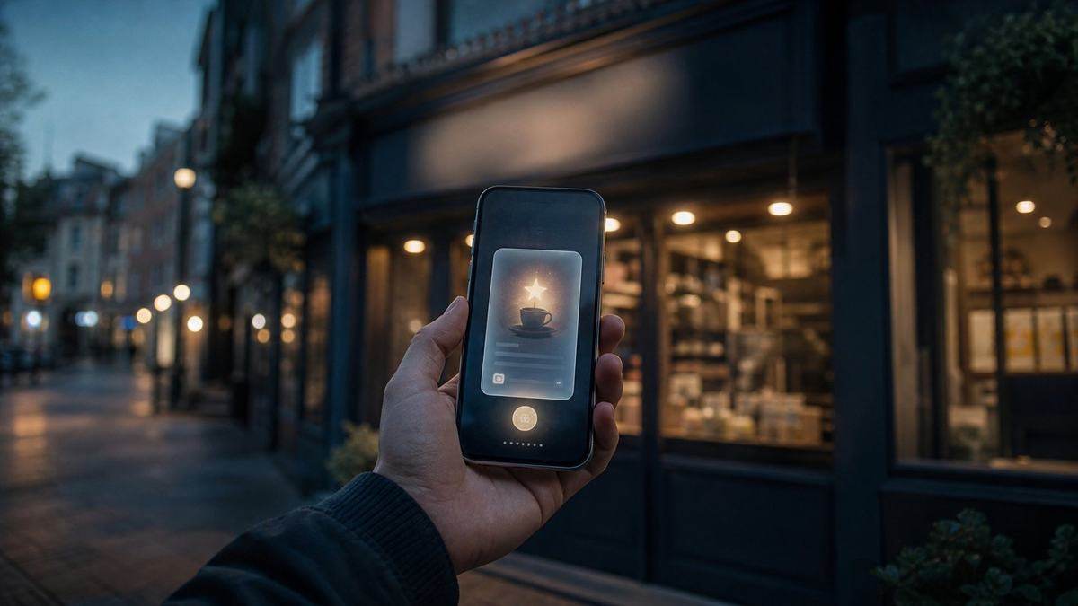 A hand holding a phone toward a small shopfront, a glowing recommendation card on screen
