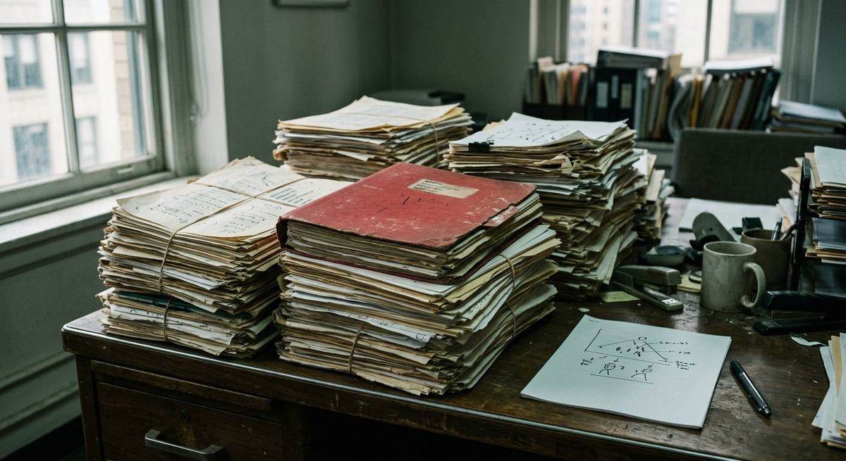 A desk buried under stacks of old printed pages, one clean page on top