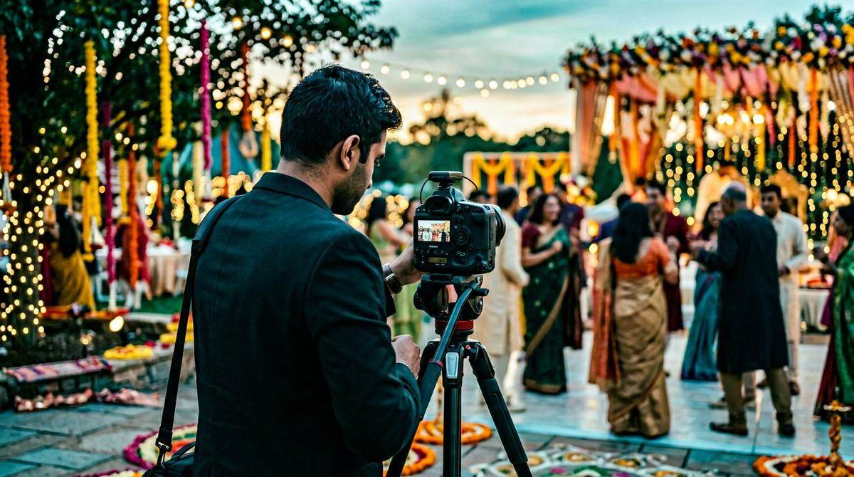 A photographer at a decorated Indian wedding venue at golden hour
